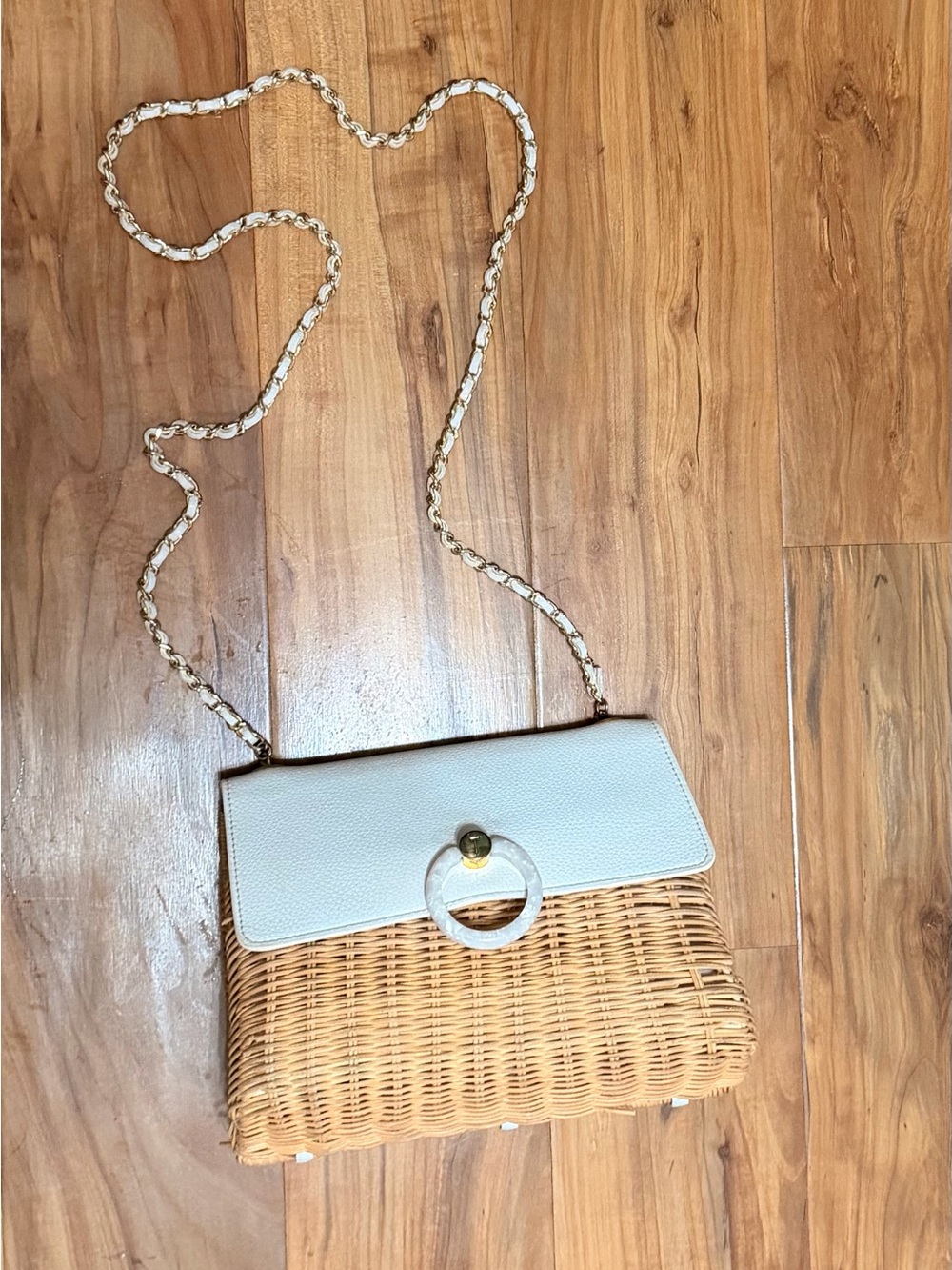 Ted Baker Woven Rattan Crossbody Bag, White Leather Flap, & Mother of Pearl Ring